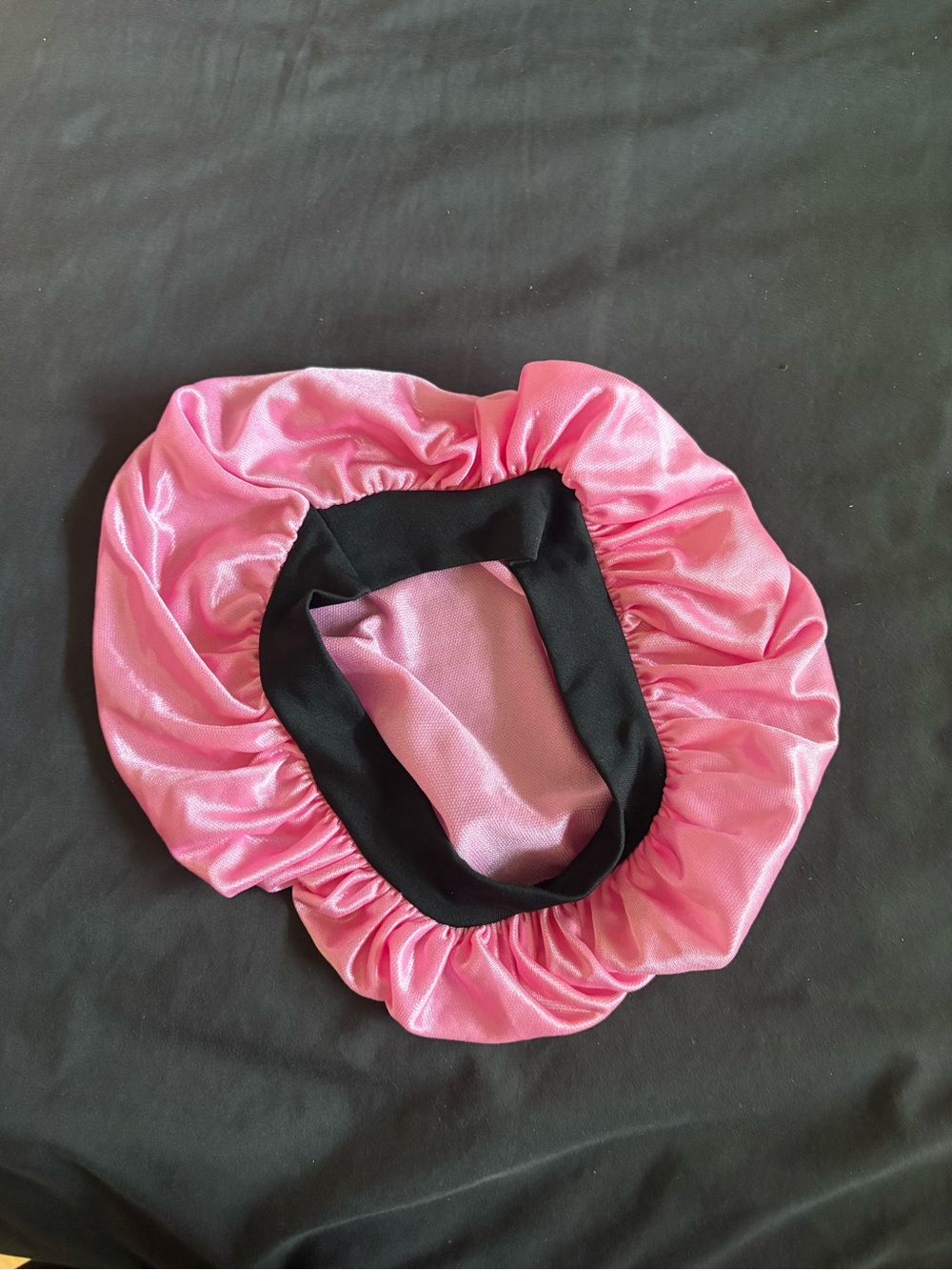Pink Satin Hair Bonnet with Black Trim